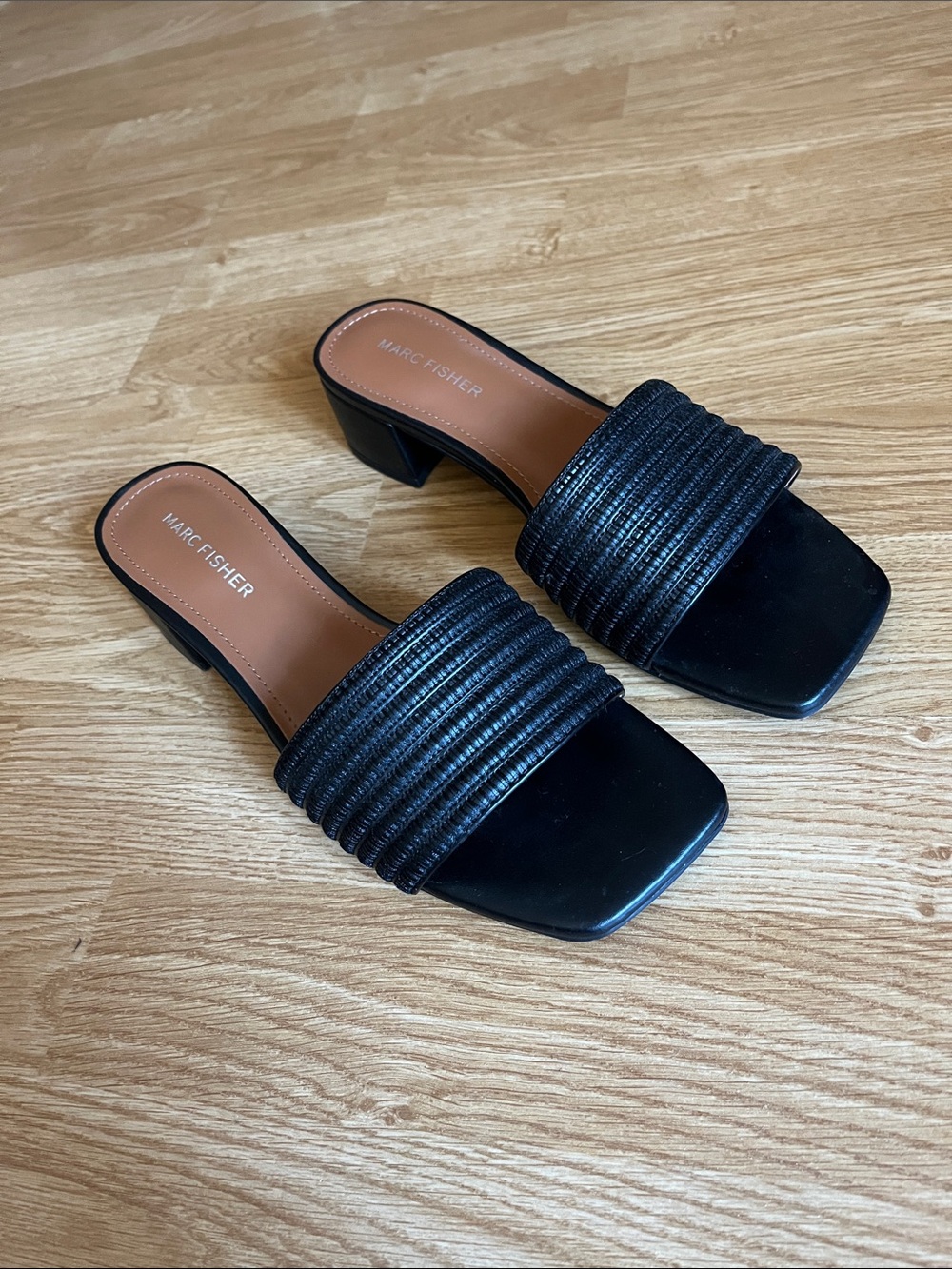 Marc Fisher Black Ribbed Slide Mules Sandals